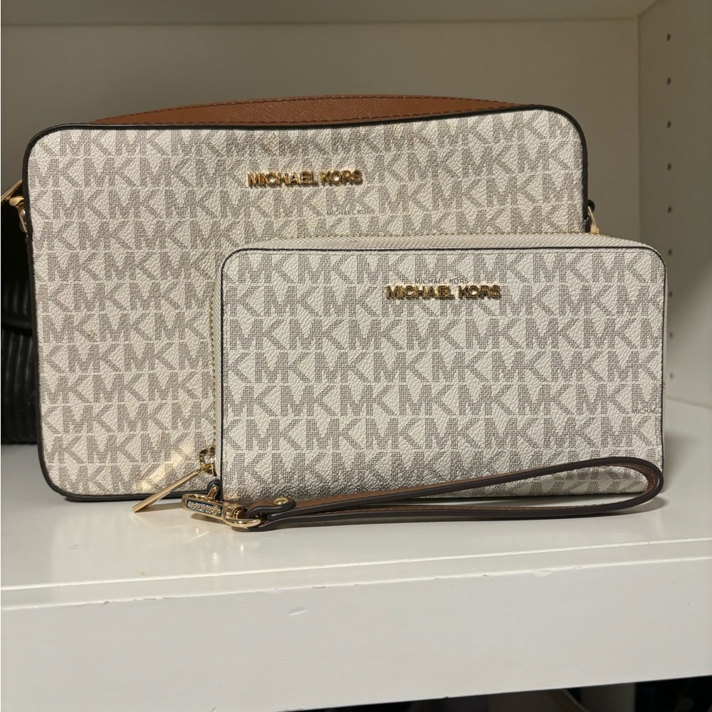 Michael Kors Monogram Crossbody and Wristlet Set